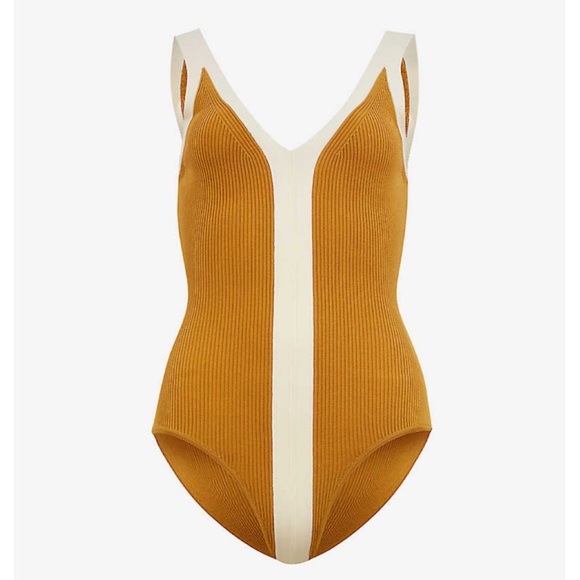 SANDRO Paris Nate Two-Toned Contrast-Trim Knitted Bodysuit In Ocre NWT - Picture 6 of 13